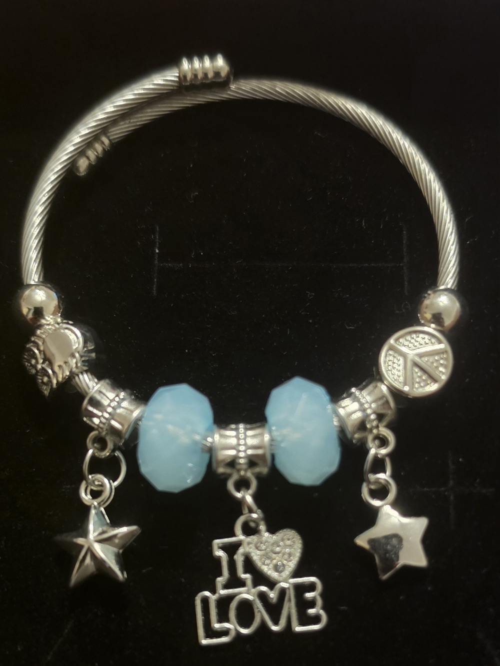 Silver Charm Bracelet with Light Blue Beads and 'I Love' Pendant